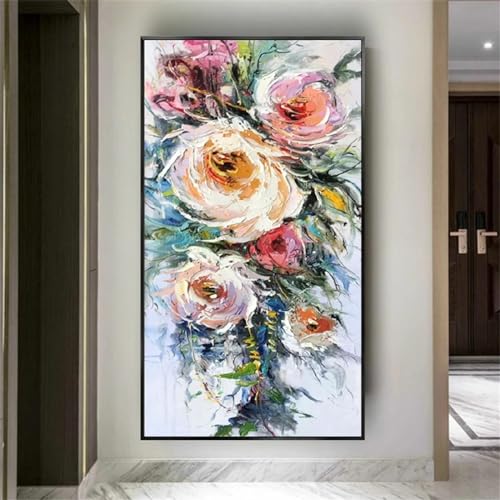Peinture à l'huile rose sur grande toile : œuvre d'art abstraite 75x150 cm avec cadre noir chic