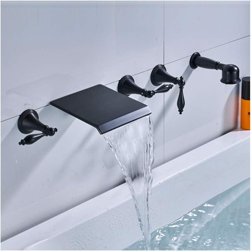 Waterfall Bathtub Faucet With Hot And Cold Water Wall Mounted Brass Bathtub Shower Mixer Tap 3 Handle Bathtub Faucet Set With Handheld Shower, Bathtub Spout,AB