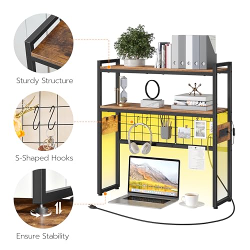 HOOBRO Desktop Bookcase, 2-Tier Office Desktop Organizer, 29.9" Wooden Storage Rack with Outlets, Display Shelf Rack with Light Strip, Desk Hutch for Office, Rustic Brown BF11UDSJ01 by HOOBRO - Image 8