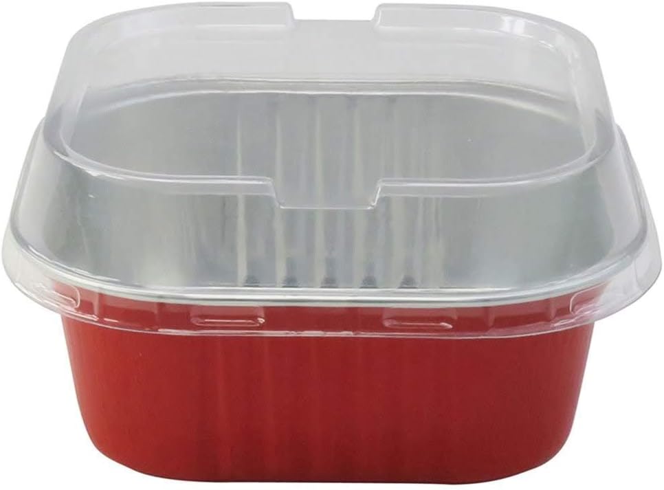 KitchenDance Disposable Foil Cake and Dessert Cup Set with Lid - 4.5 x 4.5" Square Cake Baking Pan for Hotels, Restaurants - Heavy Duty Aluminum Pan for Baking and Preparing Food, #A-24P (50, Red)