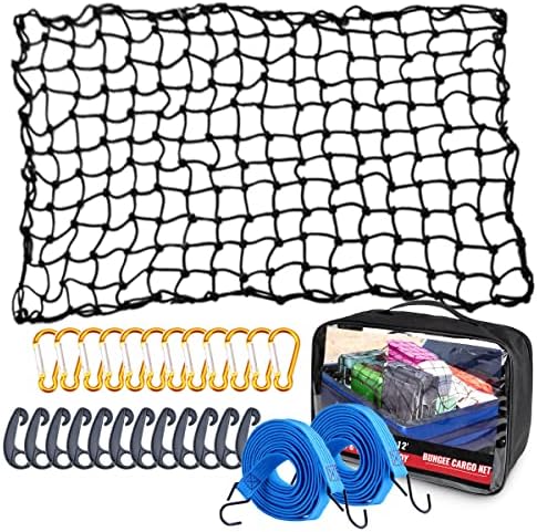 AxPower Bungee Cargo Net 4' x 6' Stretchable to 8' x 12' for Pickup Truck Bed Trailer Luggage Net Heavy Duty Tie-Down Mesh with 12 Pcs Hooks and Metal Carabiner Clips