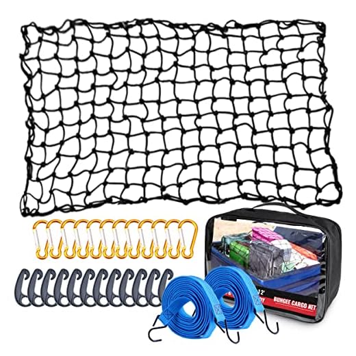 AxPower Bungee Cargo Net 4' x 6' Stretchable to 8' x 12' for Pickup Truck Bed Trailer Luggage Net Heavy Duty Tie-Down Mesh with 12 Pcs Hooks and Metal Carabiner Clips