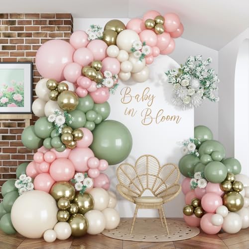 Image of Baby in Bloom Balloon Arch Kit, 134Pcs Dusty Sage Green and Pastel Pale Pink Cream White Beige Light Gold Floral Balloon Garland for Girls Boho Baby Shower Flower Birthday Garden Tea Party Decorations