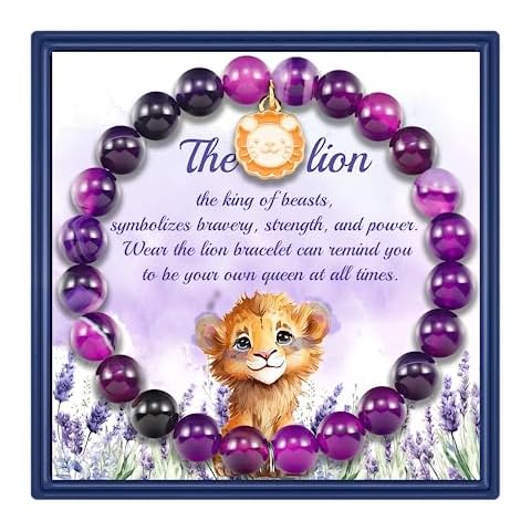 ivyanan Cute Baby Lion King Charm Bracelet Wild Animal Lover Jewelry Meaningful Agate Beaded Healing Gifts For Women GIrl Her (Purple-Lion) Cover