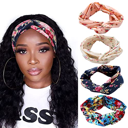 DRESHOW 4 Pack Boho Cotton Non-Slip Headbands for Women Girls Yoga Workout Running Knotted Turban Floral Elastic Head Wrap