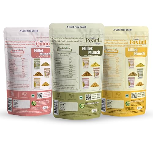 Image of Nutriefoods Millet Munch Snack, 100% Roasted Millets & Guilt Free Snack, Nutritious Munch, Bajra, Jawar, Ragi, Qquinoa, Foxtail Snack (Quinoa, Pearl and Foxtail (Pack of 3), 300gm)