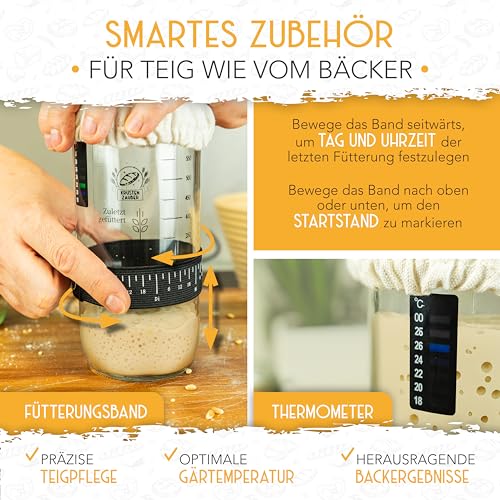 KRUSTENZAUBER Zestaw do zakwasu na chleb - 600 ml słoik do fermentacji z łopatką i termometrem - Akcesoria do pieczenia chleba, zakwas szklan, fermentacja, zestaw do zakwasu, pusty szklany pojemnik,