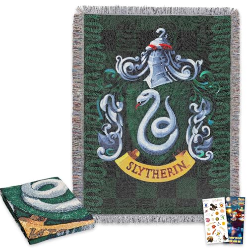Harry Potter Throw Blanket Set - Bundle of Slytherin Blanket Stickers More for Kids Teens Adults | Hogwarts House Blanket Size 48 x 60