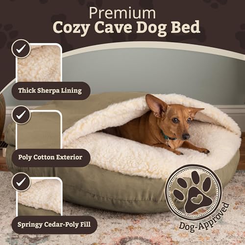 Image of Snoozer Cozy Cave Dog Bed, Round Covered Dog Bed, Khaki (S)