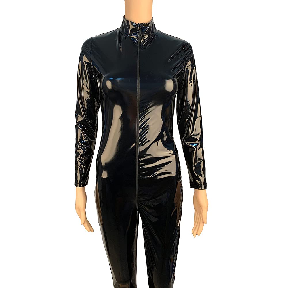 MediasCatsuit De Manga Larga De Cuero De Piel Sintética para Mujer, con Cremallera De Manga Larga Metálica, con Cremallera Mono De Una Pieza,Negro,M