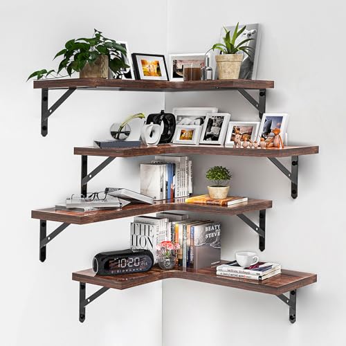 ROMGUAR CRAFT Corner Floating Shelves Wall Mounted Set of 4, Rustic Wood Storage Display Wall Shelves for Home Decor, Bathroom, Kitchen, Bedroom, Living Room, Office (Carbonized Brown)