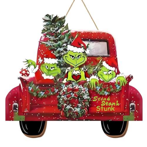 Christmas Door Hanging Sign Decorations Wooden Christmas Wall Hanging Decor Truck Wreath Pattern Front Door Signs for Porch Wall Indoor Outdoor Holiday Decor Green