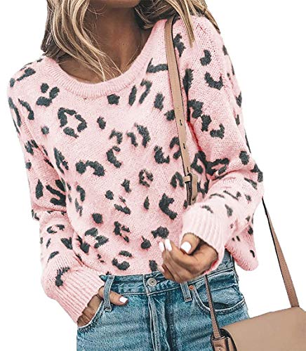 Karlywindow Womens Casual Cute Leopard Print Pullover Loose Fit Slouchy Soft Knit Sweater Jumper Tops Pink