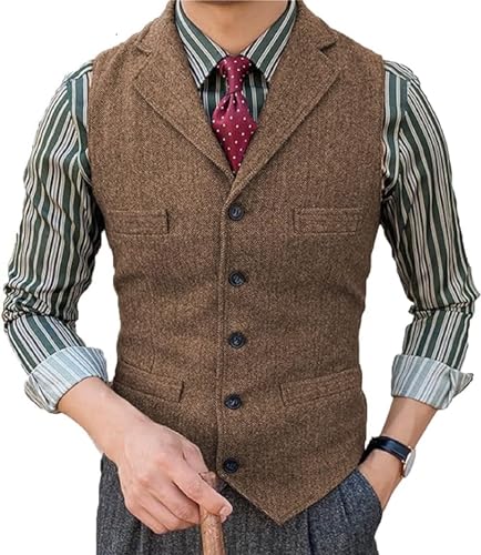 Yarizm Men's Tweed Suit Vintage Herringbone Vest Wool Prom Waistcoat Groomsmen