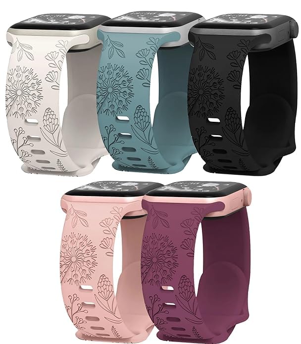 OXAI Silicone Bands for Apple Watch Strap 41mm 40mm 38mm, Cute Soft Silicone Dandelion Engraved Flower Strap for iWatch SE2|SE Series 8 7 6 5 4 3 2 1 [Pack Of5][WATCH NOT INCLUDED]