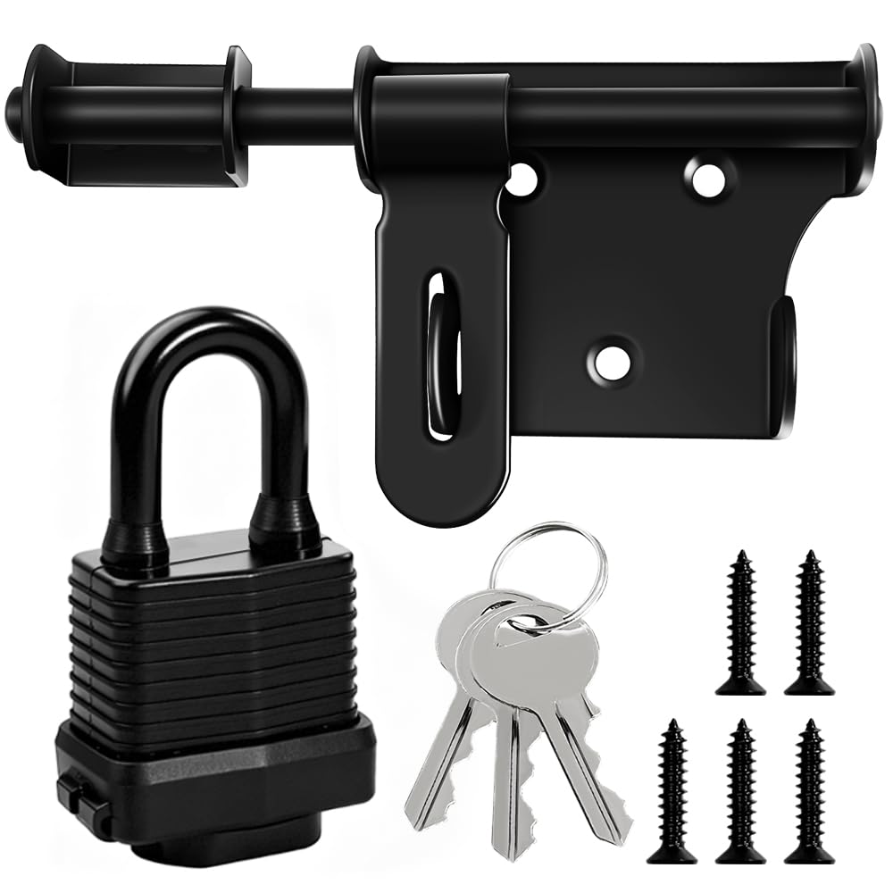 MIVITOOM 6 Inch Door Lock Sliding Bolt Lock with Padlock - Heavy Duty Garden Gate Lock & Shed Lock, Black Barrel Latch for Wooden Fence,Yard, Barn and Outdoor Doors Hardware