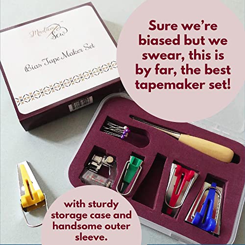 Madam Sew Bias Tape Maker Kit – Adjustable Binding Presser Foot, 4 Bias Tape Makers, Quilt Awl And 10 Bead Head Pins – Compatible With Brother, Janome And Low Shank Sewing And Quilting Machines #TOP1