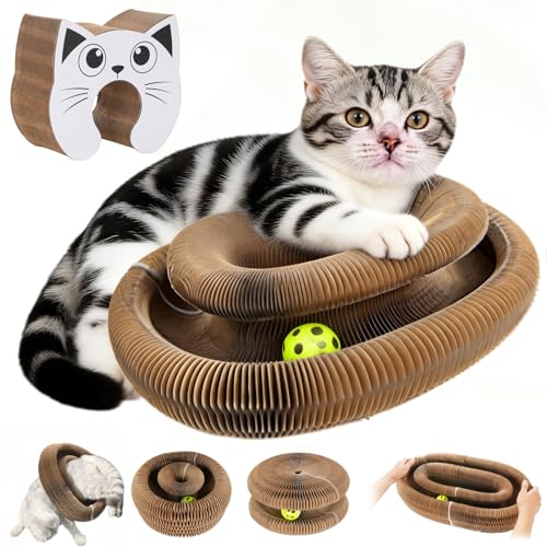 Twisty Paws Cat Toy - Magic Organ Kitty Curl Scratcher with Bell-Ball Magnetic & Foldable Cardboard Shape Shifting Interactive Accordion Kurlz Board for Indoor Cats