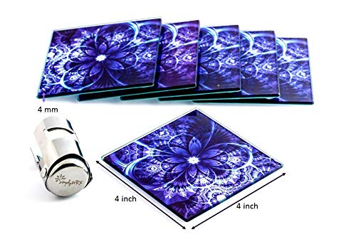 Coaster Set 6 Square Glass Coasters Purple Flower Design, Large Size 4X4, Suit Indoor Outdoor Kitchen Dining Bar, Non-Slip Silicon Feet Protects Furniture, Ideal For Wine Glass, Tea Or Coffee Cups #TOP4