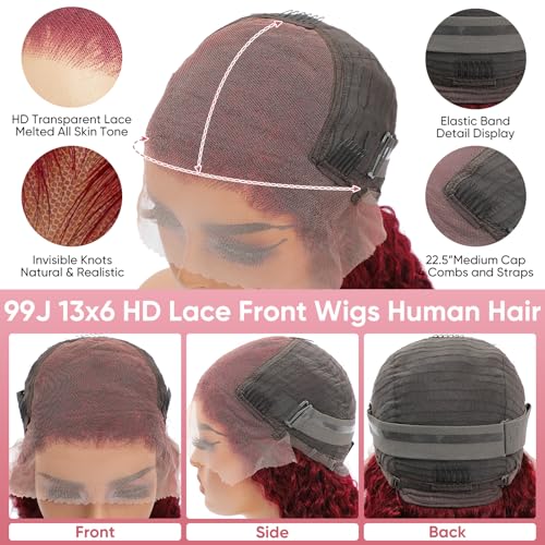 Image of Burgundy Wig Human Hair 99J 13x6 Deep Wave Lace Front Wigs 22 Inch
