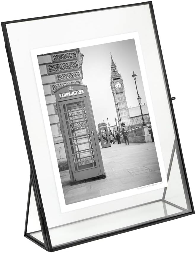 Isaac Jacobs 8x10, Black, Vintage Style Brass and Glass, Floating Photo Frame, Metal, (Vertical), with Locket Closure and Angled Base, for Pictures, Art, Mementos, Keepsakes (8x10, Black)