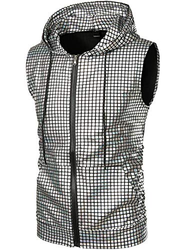ZEROYAA Mens Shiny Metallic Zip Up Sleeveless Hooded Vest T Shirt with Kangaroo Pocket3