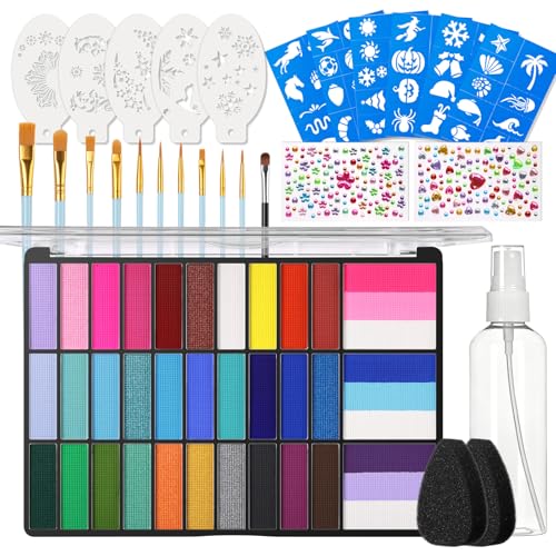 Face Painting Kit Non-Toxic Face Paint Palette with 33 Colors Stencils Brushes Safe for Sensitive Skin Washable Halloween Makeup Kit for Carnival Party Game Day