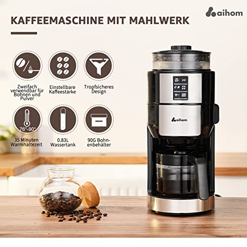 AiHom kaffeemaschine mit mahlwerk,filterkaffeemaschine mit Glaskanne,Warmhaltefunktion 35 Minuten,Kegelmahlwerk,2/4 / 6… – Bild 3