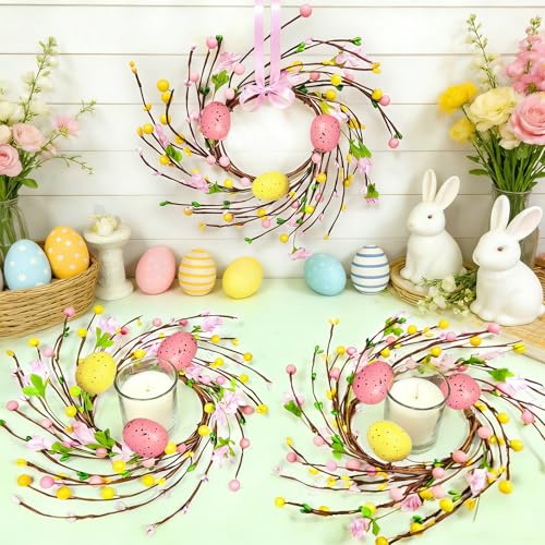 Image of 4 Pcs Easter Decorations Small Easter Wreath, 11 Inch Easter Decor Mini Easter Egg Wreaths with Flowers Berries Artificial Spring Wreath for Table Mantle Kitchen Cabinets Door Window Wall Home Decor