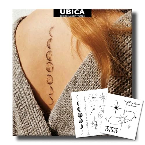 UBICA Semi Permanent Tattoo, 2 Sheets Moon Phases Temporary Tattoo, Realistic Cute Black Gifts for Girls Women, Lasts 7-15 Days Fake Tattoo Stickers for Back Arm, Waterproof & Non-Reflective