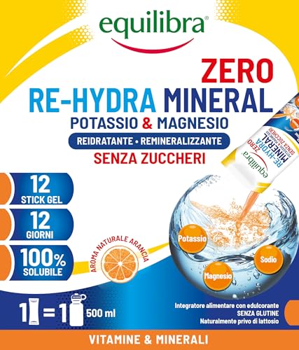 Equilibra Potassio e Magnesio, Re-Hydra Mineral Zero, 12 Stick, Gusto Arancia, Senza Zuccheri, Integratore Magnesio, Potassio, Sodio per Reintegro Sali e Reidratazione, Senza Glutine e Lattosio