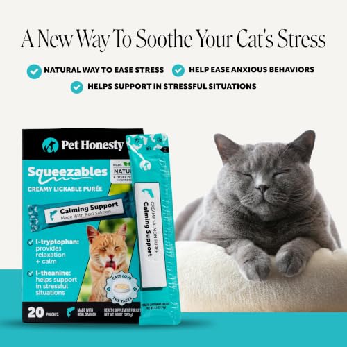 Pet Honesty Cat Lickable Treats with L-Theanine & Chamomile - Squeezable Puree Pouches for Cats - Behavior Support for Travel, Vet Visits, Grooming, & Separation (Salmon, 20 Ct) - Image 3