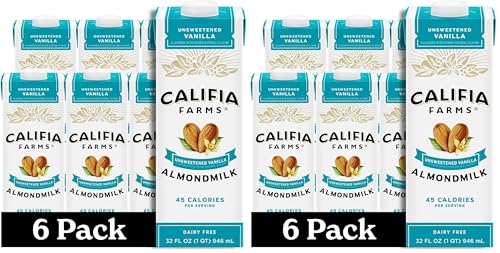 Califia Farms - Unsweetened Vanilla Almond Milk, 32 Oz, Dairy-Free, Vegan, Plant Based, Keto, Shelf Stable, Vegan, Gluten Free, Non GMO, Sugar Free, High Calcium, Smoothie, (Pack of 12)