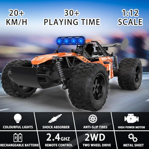 Image of RC Monster Truck, 1:12 Scale, Orange, 2WD, 25 km /h, with LED Lights, 7.4V Battery, for Kids Ages 3+