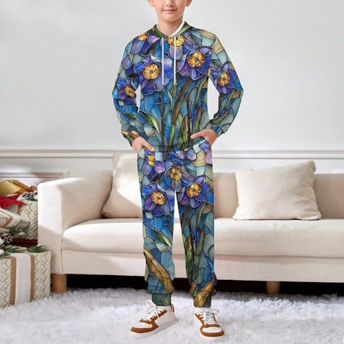 Boys Girls Pullover Hoodie and Pants Outfit 2PCS Set Sweatshirt for Kids, Bluebell Stained Glass Art3