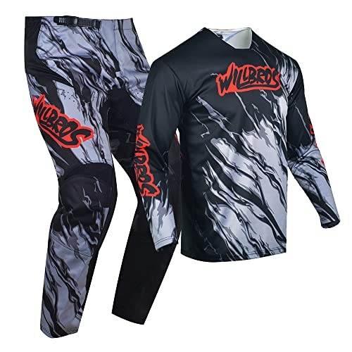 Willbros Motocross Jersey Pant Combo Mens Women Mx Gear Set Unisex Motorcycle Off-Road Dirt Bike Riding Racing Bmx Atv Grey Red (Jersey M Pants 32) #TOP1