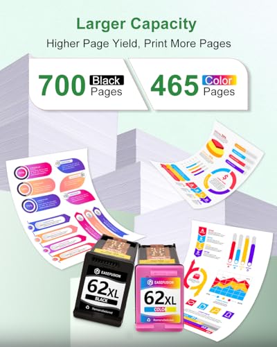 Image of EaseFusion 62XL Ink Cartridges Black and Color Remanufactured Replacement for HP Ink 62 HP62XL Combo Pack Compatible with Envy 7640 5660 5540 7645 5740 5746 OfficeJet 250 200 Mobile Printer, 2-Pack