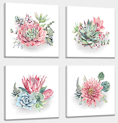 Home decorations for living room Canvas Wall art for living room bathroom Wall Decor Home decorations for living room Succulent Wall Simple wall art Plant watercolor 4 Piece Framed family wall art