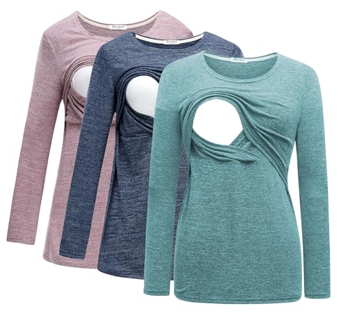 Image of Bearsland Women's 3 Packs Maternity Clothes Long Sleeves Breastfeeding Shirts Nursing Top