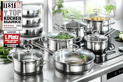 Foto von Karcher Topfset Jasmin 20-teilig | Edelstahl Kochtopf Set Induktion inkl. Glasdeckel | Töpfe & Pfanne spülmaschinenfest & backofenfest | Kochgeschirr für alle Herdarten mit Edelstahlschüsseln