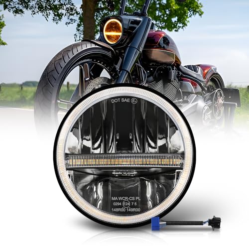 BraveWAY 7 Pouces Phare Led Moto 15000LM, Led Phare Rond, Dot Approuvé Hi Lo Beam Blanc Ambré DRL, Avec Câble H4-H13, Compatible Wrangler JK TJ LJ CJ Hummber H1 H2