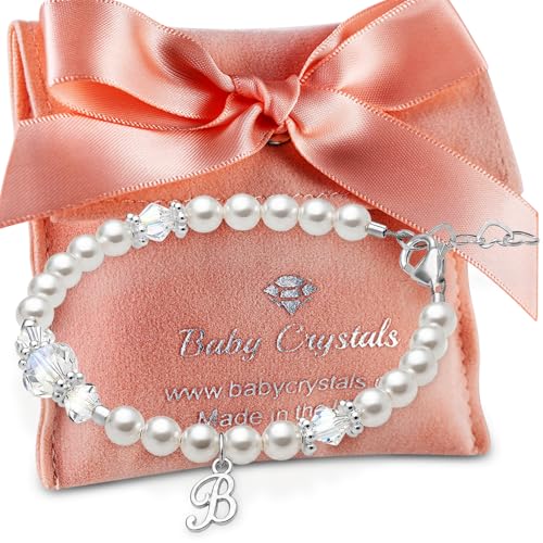 Image of Baby Crystals Sterling Silver White Pearl Initial Bracelet for Baby Girls I A-Z Letter Charm I Baptism, Birthday, Keepsake Jewelry for Newborn, Infant, Toddler, Teen, Mommy I Bracelets for women