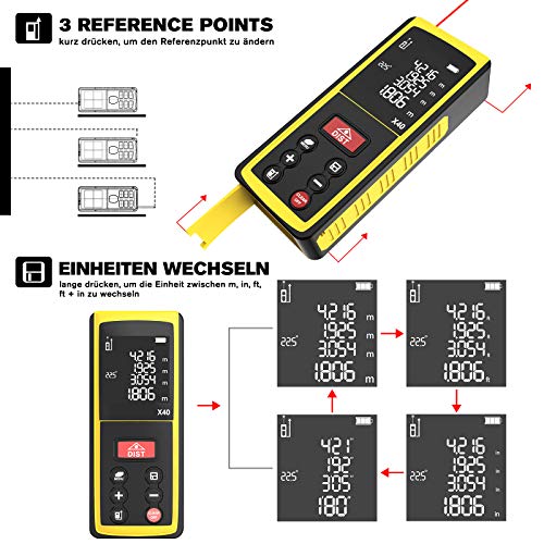 Foto von Entfernungsmesser 60m mit Elektronischer Winkelsensor, 99 Gruppen Datenspeicher, LCD Hintergrundbeleuchtung, Pythagoras/Abstand/Fläche/Volumen Messungen( 0,05~60m/±2mm, m/in/ft/ft+in)