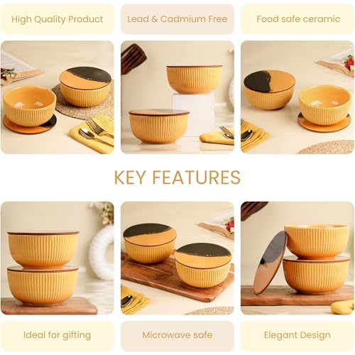 Image of The Earth Store Yellow Fringe Ceramic Bowl with Lid Set of 2, 550ML | Multipurpose Uses Coaster /Lid | Dishwasher & Microwave Safe Bowl | Ideal for Rice, Dal, Fruits, Salad, Snack, Mixing Bowl
