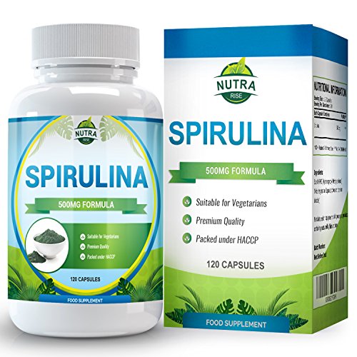 Spiruline en poudre pratique pour prendre des capsules - avec du calcium, du magnésium, du fer, du sélénium et des vitamines B, 500 mg, 120 capsules par Nutra Rise