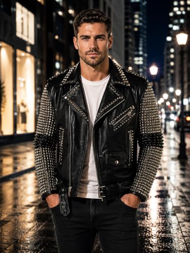 Image of Men's Studded Cowhide Leather Biker Jacket - Punk Rock Spiked Brando Coat | Classic Biker Collar Covered In Heavy Metal Cone Spikes Design