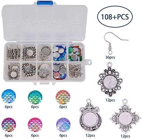 SUNNYCLUE 1 Box DIY 12 pair Mermaid Scales Skin Dangle Earrings Making Starter Kit Include 6 Color 36pcs Round Mermaid Scales Skin Resin Cabochons 12mm, 3 Style 36pcs Pendant Cabochon Bezel Settings