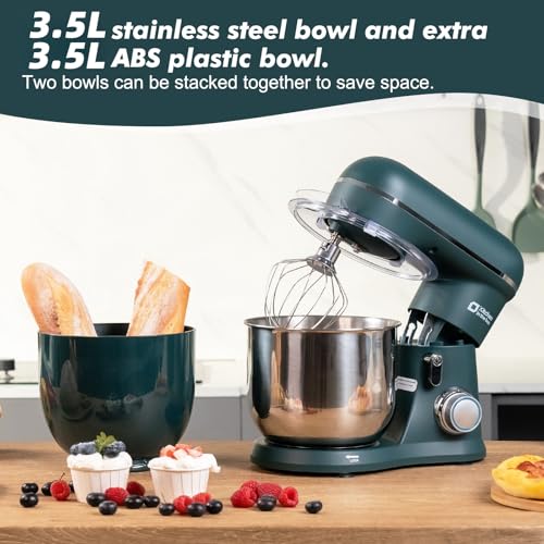 Kitchen in the box Mini mixer per alimenti da forno, con due ciotole da 3,5 l, gancio per impasto, frusta, frusta, 10 impostazioni di velocità, portatile, leggero, per uso quotidiano (verde scuro) - immagine 4