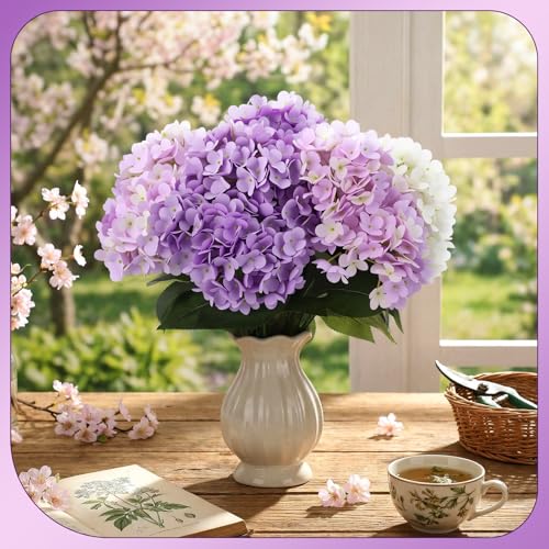 Image of Suncalla Purple 6 Bundles Hydrangea Artificial Flowers Bulk 30 Heads 20'' Faux Fake Hydrangea for Spring Graves Easter Decor Porch Indoor Outdoor Home Garden Wedding Table Centerpieces