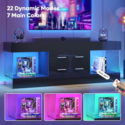 Image of Bestier 60 Inch Black TV Stand for 65 Inch TV, LED Entertainment Center | High Gloss Black Finish, Stone Pattern Panels, LED Lights, 2 Large Storage Drawer, Living Room Media Console